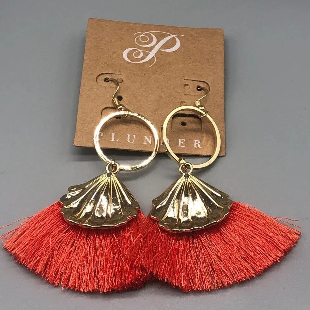 3/$30 Plunder Orange Tassel Earrings Gold Tone Dangle Pierced Hooks Boho  3"